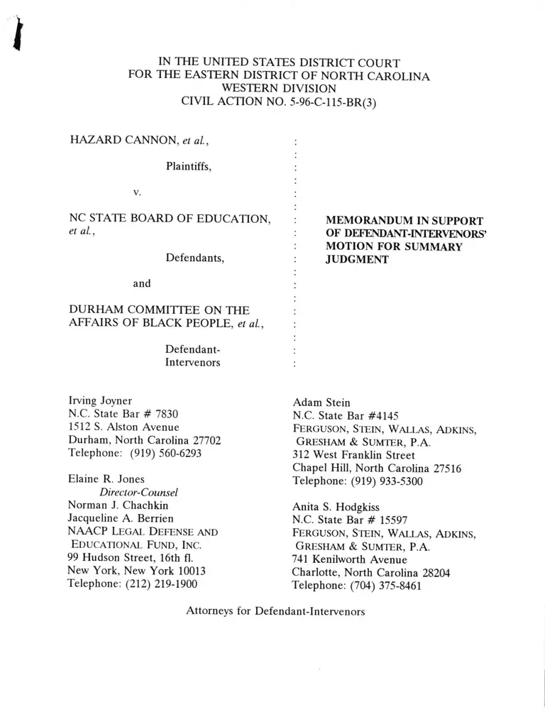Cannon v. NC State Board of Education Memorandum in Support of Defendant-Intervenors Motion for Summary Judgment preview
