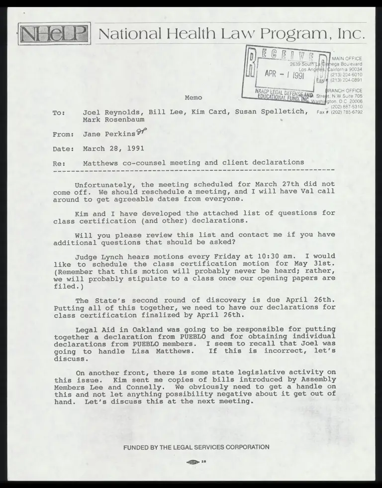 Memo from Perkins to Counsel; from Perkins and Card to Matthews File preview