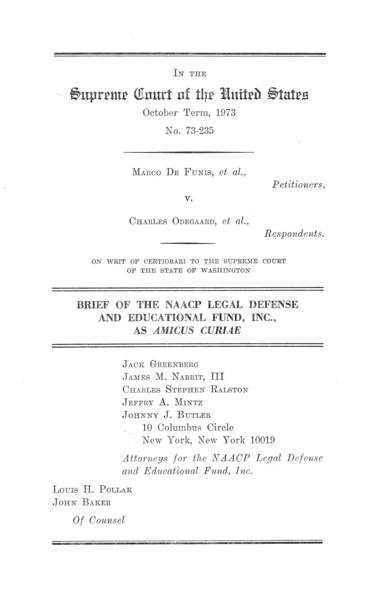 DeFunis v. Odegaard Brief Amicus Curiae of the NAACP Legal Defense Fund preview