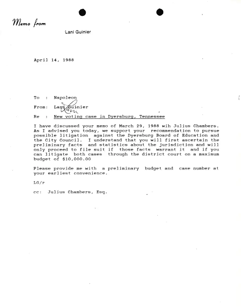 Memorandum from Lani Guinier to Napoleon Williams Re New Voting Case in Dyersburg, Tennessee preview