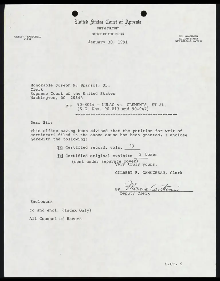 Correspondence from Clerk Ganucheau to Clerk Spaniol Re: Index preview