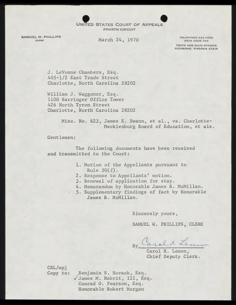 Letter from Clerk of Court to Counsel Re: Documents Transmitted preview
