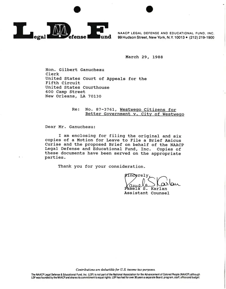 Correspondence from Pamela Karlan to Gilbert Ganucheau (Clerk) Re: Westwego Citizens for Better Government v. City of Westwego preview