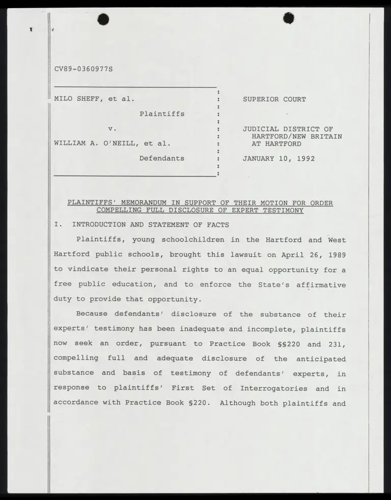 Plaintiffs' Memorandum in Support of Their Motion for Order Compelling Full Disclosure of Expert Testimony preview