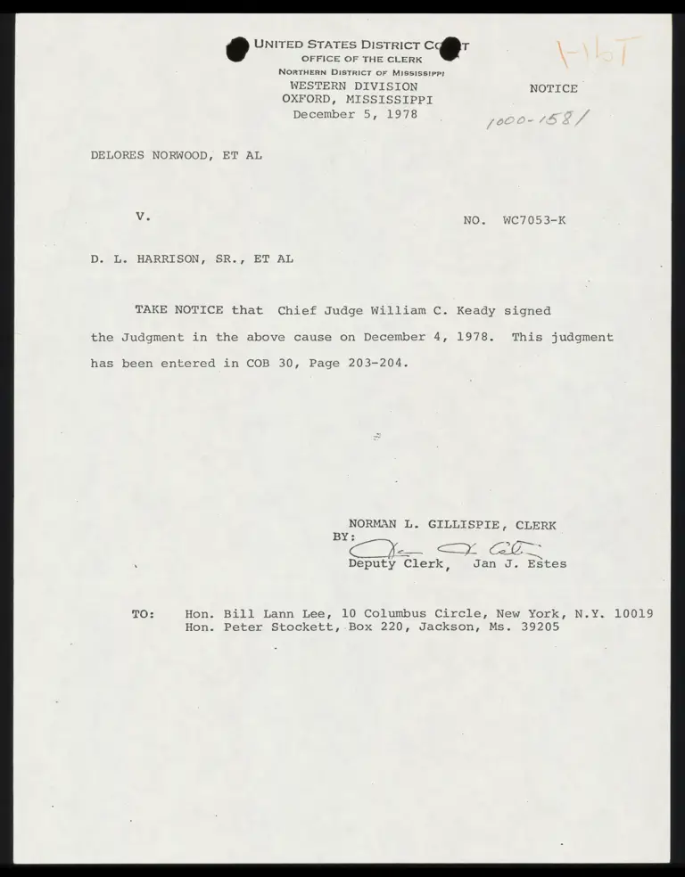 Notice of Judgment; Correspondence from Judge Keady to Clerk; Judgment preview
