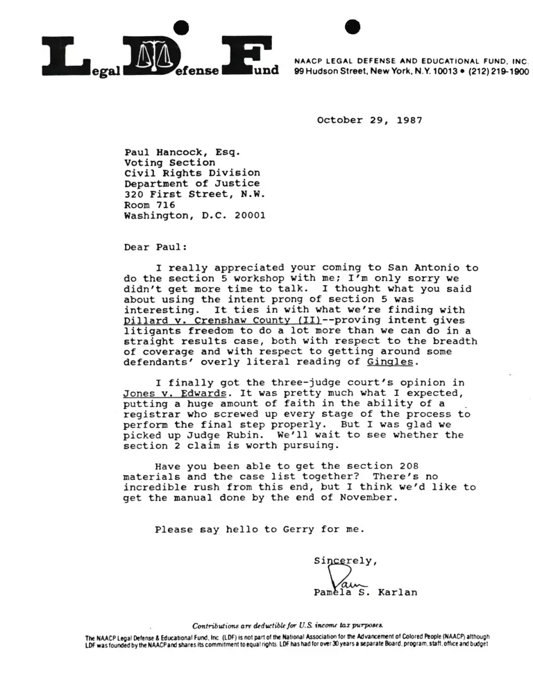 Correspondence from Pamela Karlan to Paul Hancock, Esq. (Department of Justice) preview