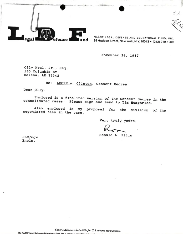 Correspondence from Ronald Ellis to Olly Neal, Esq. Re ACORN v. Clinton preview