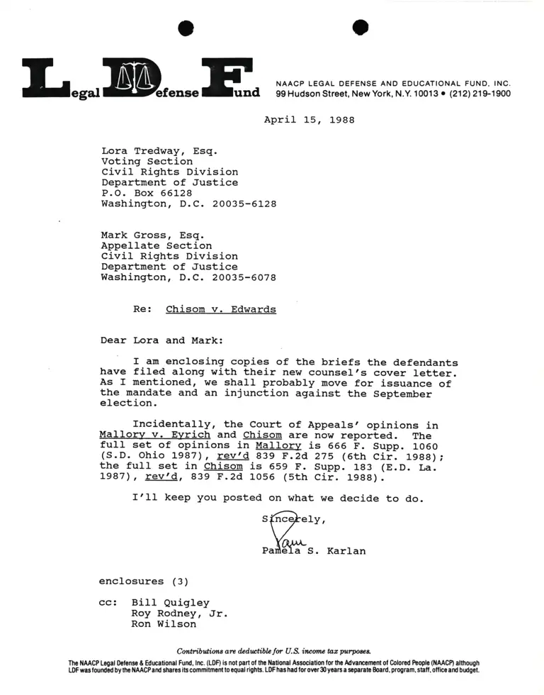 Correspondence from Pamela Karlan to Lora Tredway and Mark Gross Re Chisom v. Edwards preview
