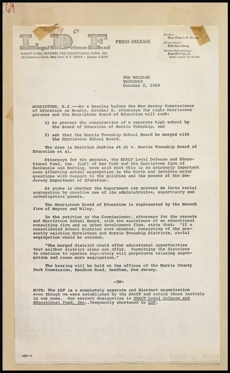 Beatrice Jenkins v. Morris Township Board of Education School Segregation Hearing preview
