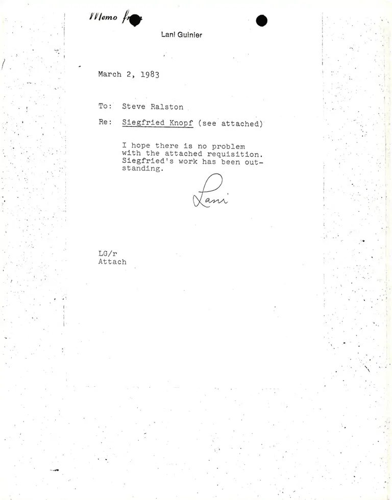 Memorandum from Lani Guinier to Steve Ralston Re: Siegfried Knopf preview