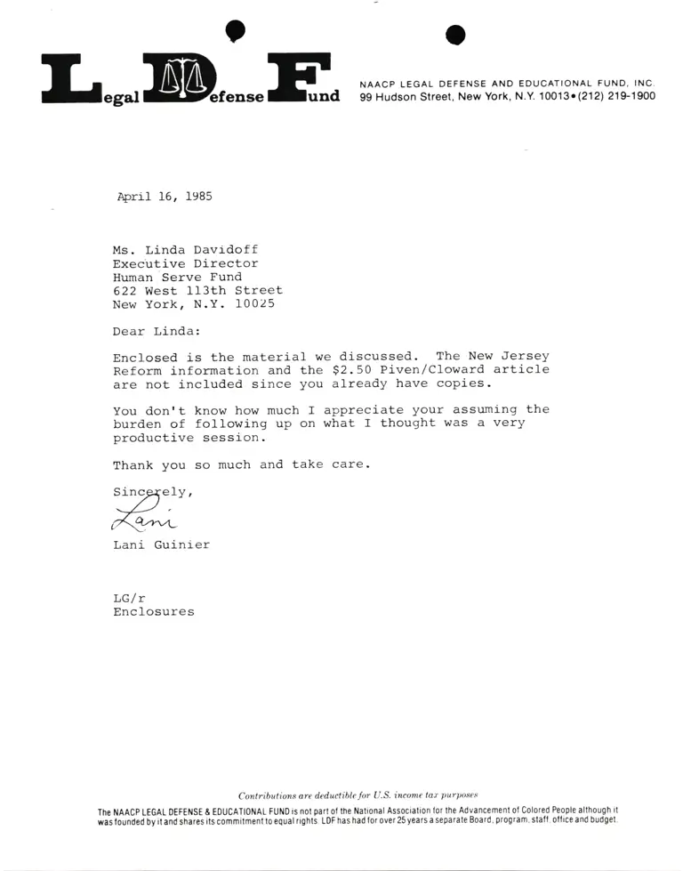Correspondence from Lani Guinier to Linda Davidoff (Human Serve Fund) preview