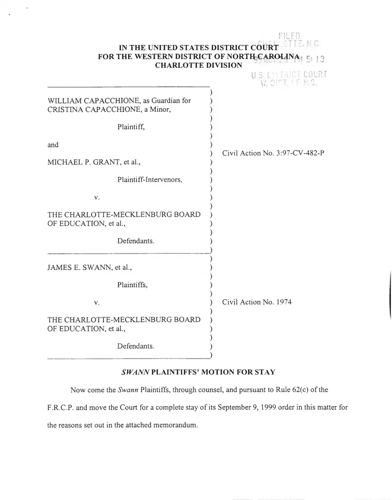 Capaccione v. Charlotte-Mecklenburg Board of Education Swann Plaintiffs' Motion for Stay preview