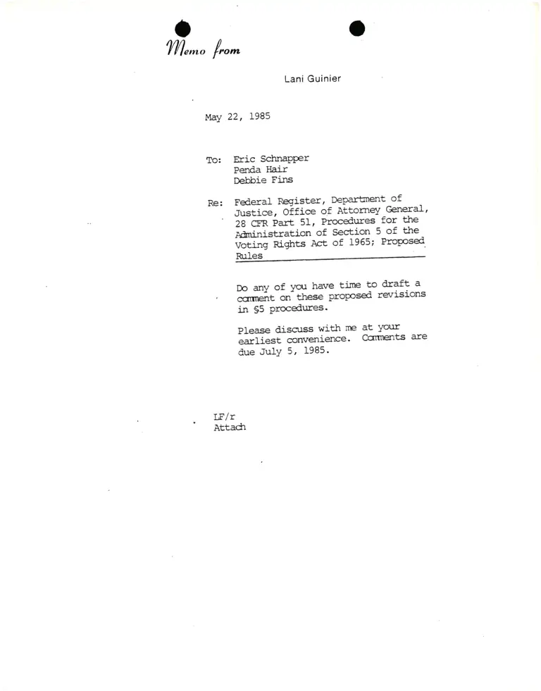 Memorandum from Lani Guinier to Eric Schnapper, Penda Hair, and Debbie Finds Re Proposed Revisions to Section 5 of 1965 Voting Rights Act preview