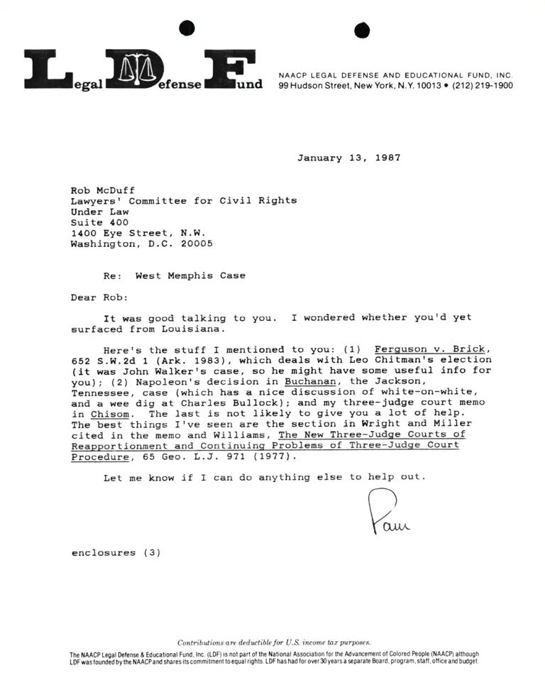 Correspondence from Pamela Karlan to Robert McDuff Re West Memphis Case preview