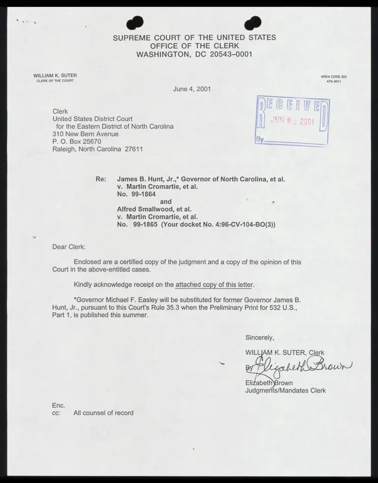 Correspondence between Clerks; from Clerk to Smiley Re: Receipt of Judgement and Opinion preview