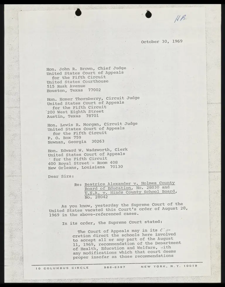 Letter From Amaker to Judges Brown, Thornberry, Morgan and Wadsworth preview