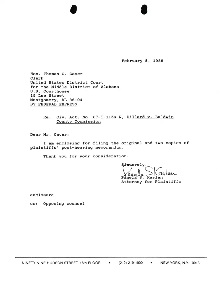 Correspondence from Pamela Karlan to Thomas C. Caver (Clerk) Re: Dillard v. Baldwin preview