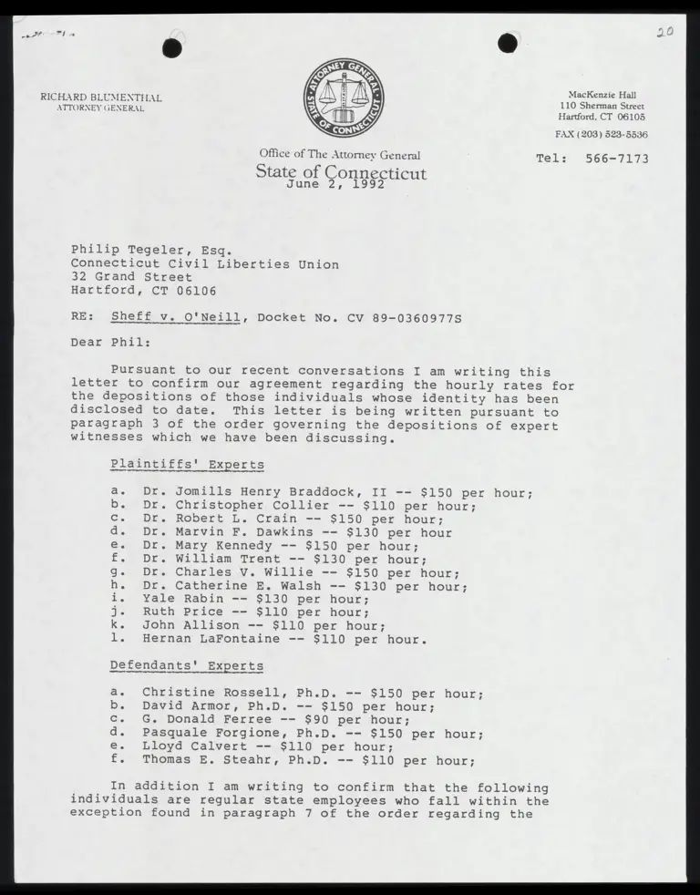 Letter from AG Blumenthal to Tegeler RE Hourly Rates for Depositions preview