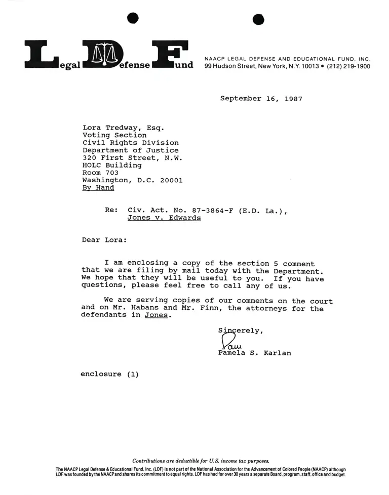Correspondence from Pamela Karlan to Lora Tredway Re Jones v. Edwards preview