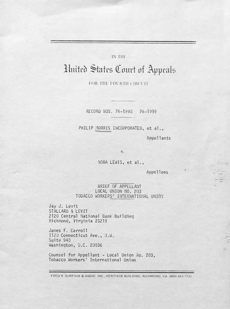 Philip Morris Incorporated v. Lewis Brief of Appellants preview