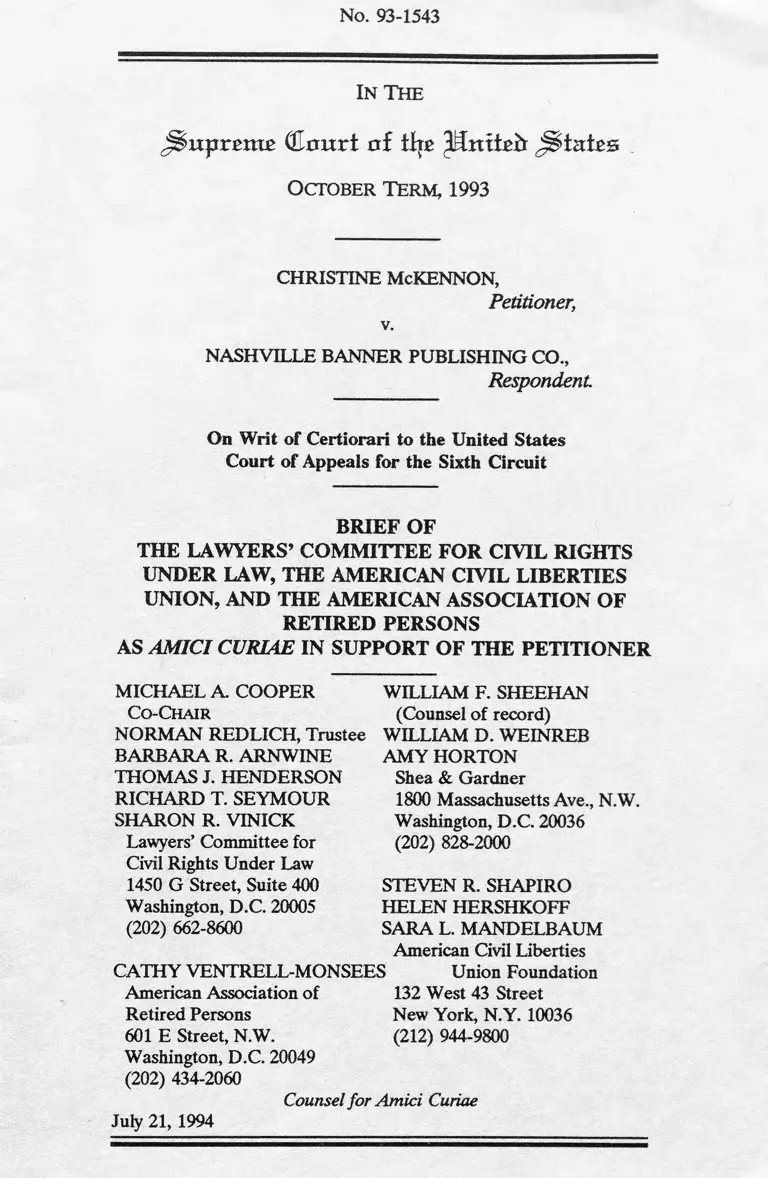 McKennon v. Nashville Banner Publishing Co. Brief Amicus Curiae in Support of the Petitioner preview