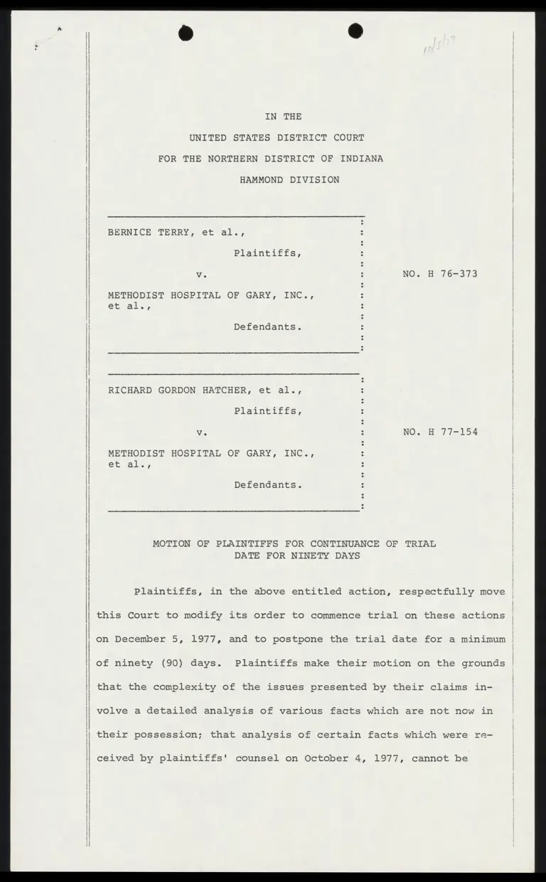 Motion of Plaintiffs for Continuance of Trial Date for Ninety Days; Affidavit of Beth J. Lief preview