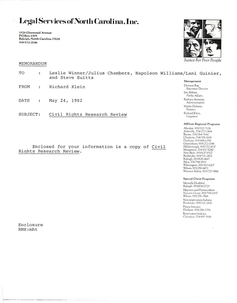 Correspondence from Klein to Winner, Chambers, Williams, Guinier, and Suitts preview