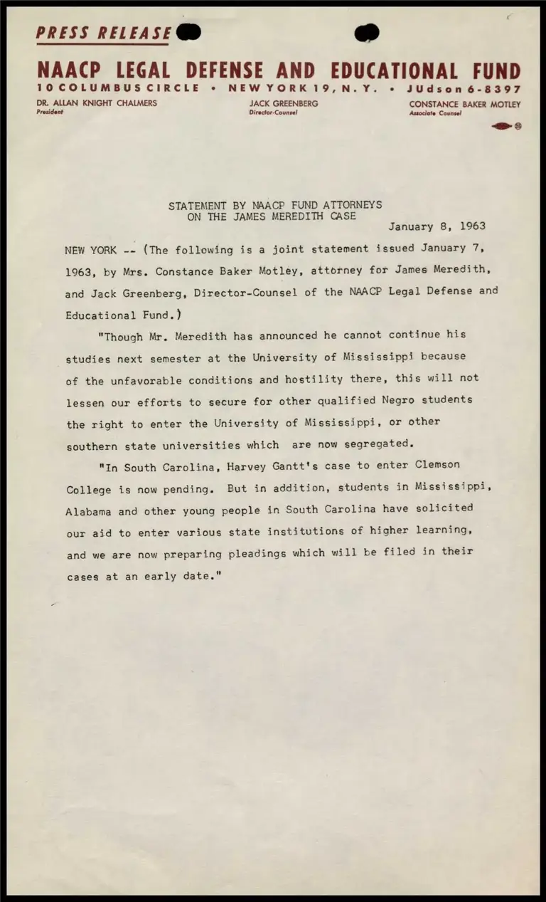 Statement by NAACP Fund Attorneys on the James Meredith Case preview