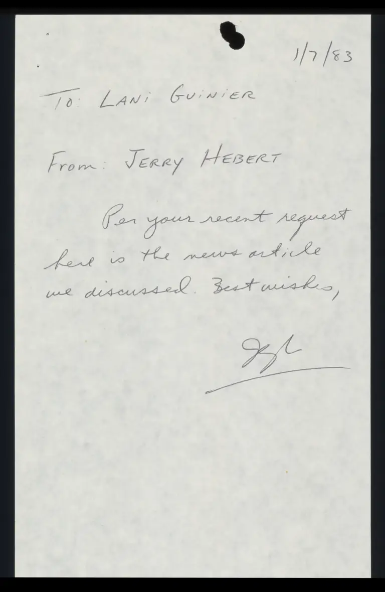 Note from Hebert to Guinier; Treen Says Remap Plan Will Meet Court Approval News Clipping preview