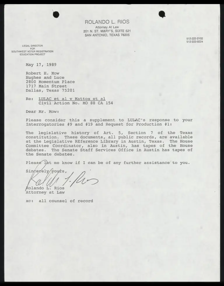 Correspondence from Rios to Mow Re: Supplement to LULAC's Response preview