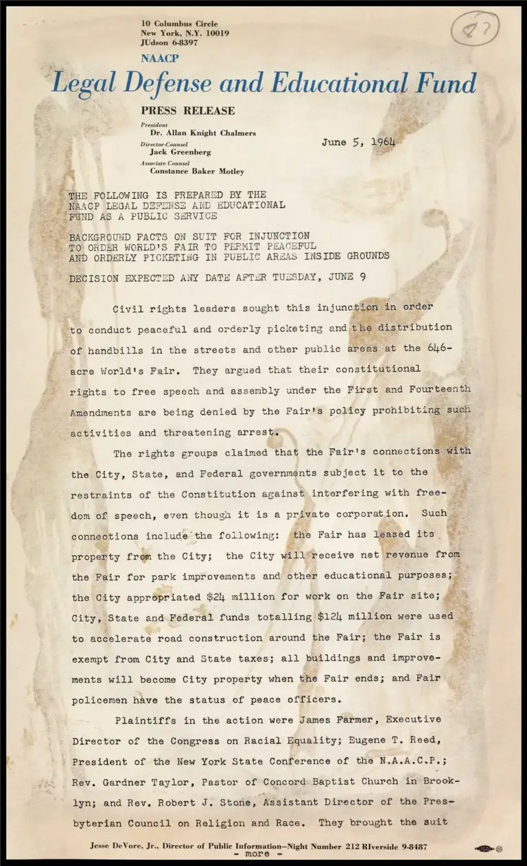 Background on Suit for Injunction to Permit Peaceful Picketing at Worlds Fair preview
