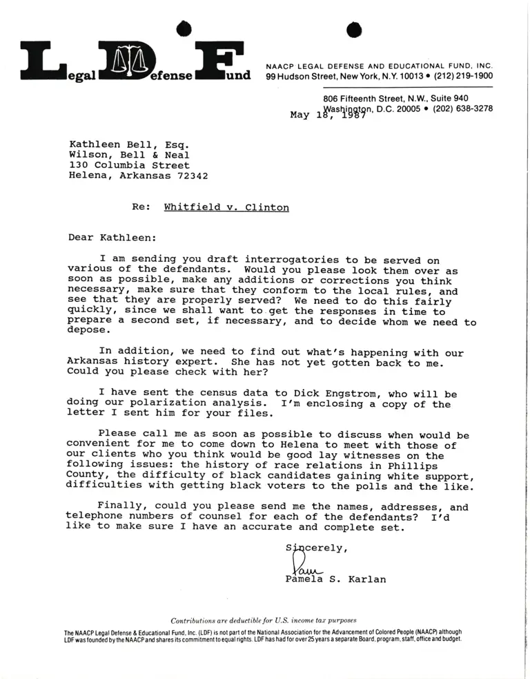 Correspondence from Pamela Karlan to Kathleen Bell, Esq. Re Whitfield v. Clinton preview