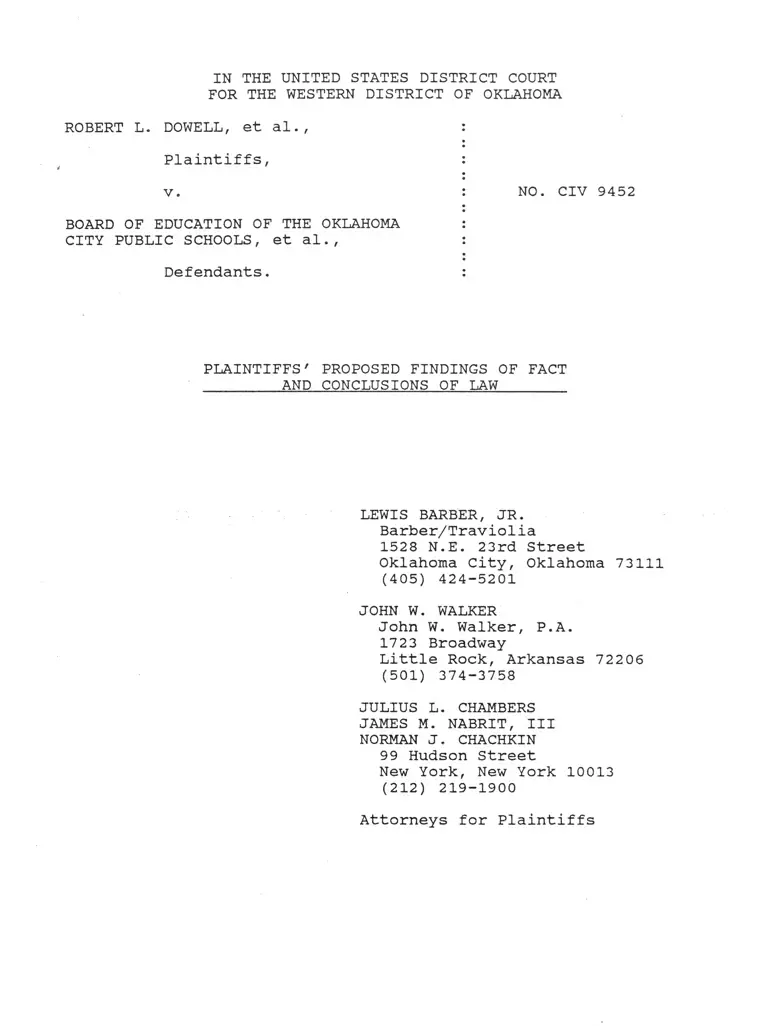 Dowell v. Oklahoma City Board of Education Plaintiffs' Proposed Findings of Fact and Conclusions of Law preview