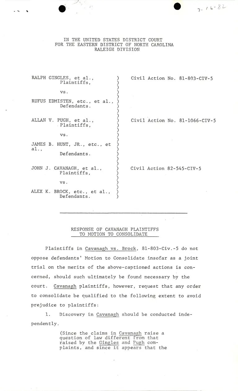 Response to Cavanaugh Plaintiffs to Motion to Consolidate preview