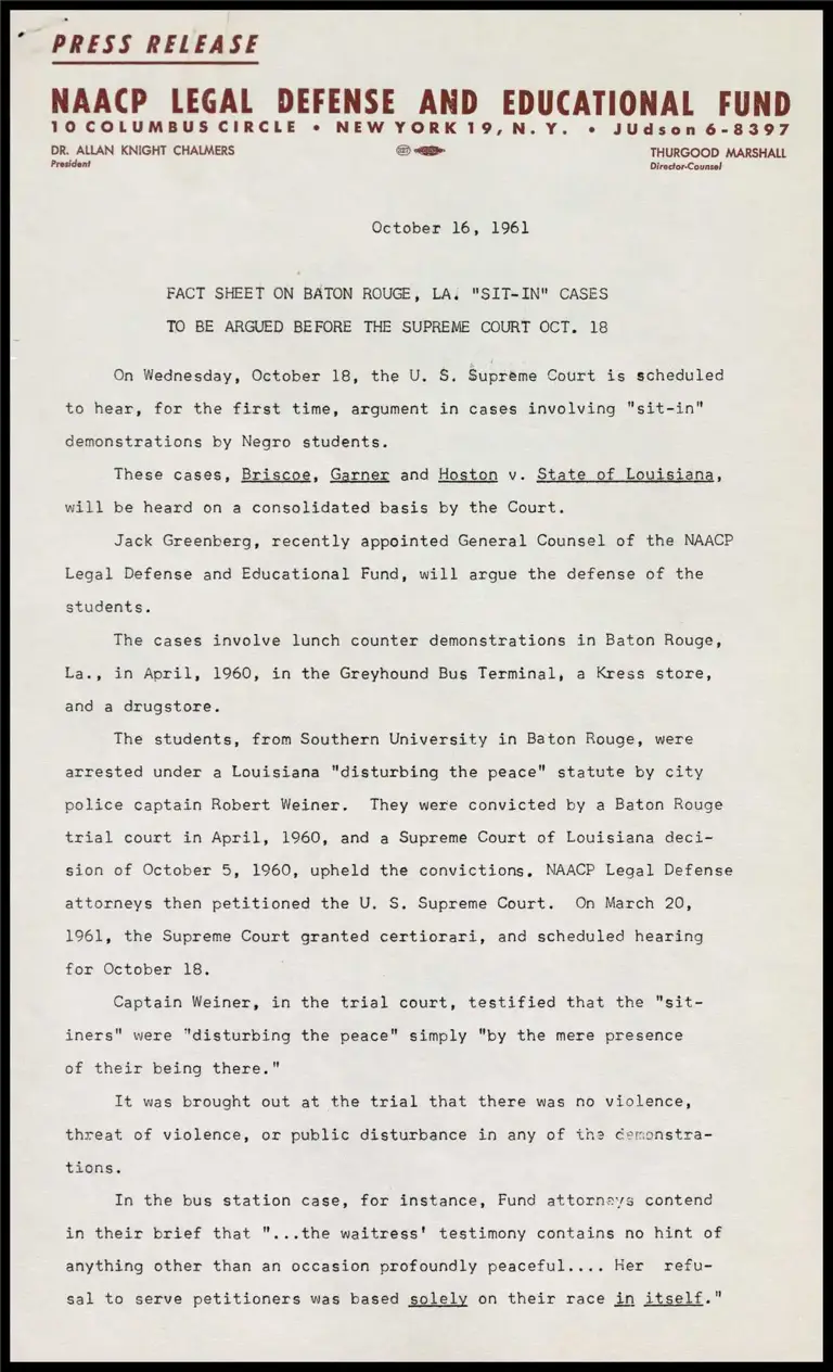 Fact Sheet on Baton Rouge, LA. "Sit-In" Cases to be Argued Before the Supreme Court Oct. 18 preview