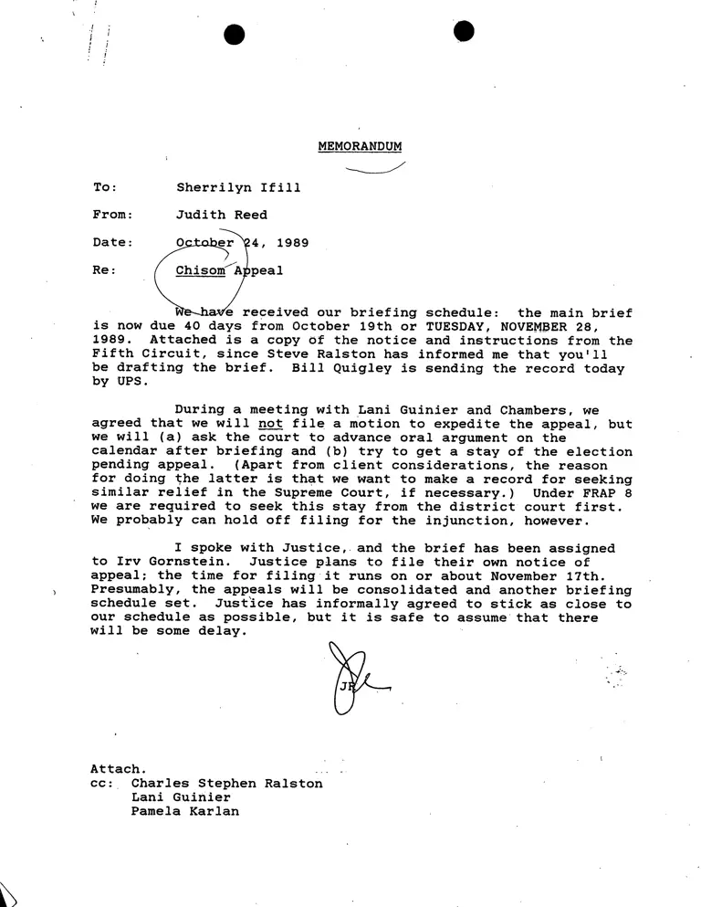 Memo from Reed to Ifill; Requirements Briefs and Record Excerpts; Appendix to the Briefs; Rules on Fifth Circuit Appeals preview
