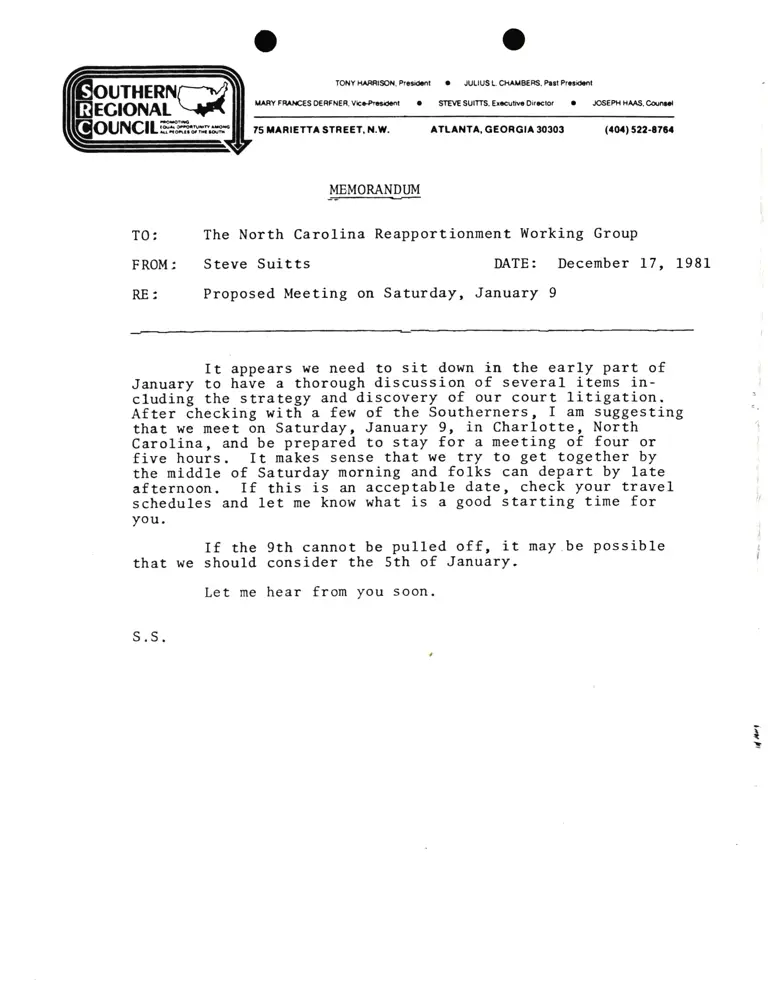 Memorandum from Suitts to North Carolina Reapportionment Group preview