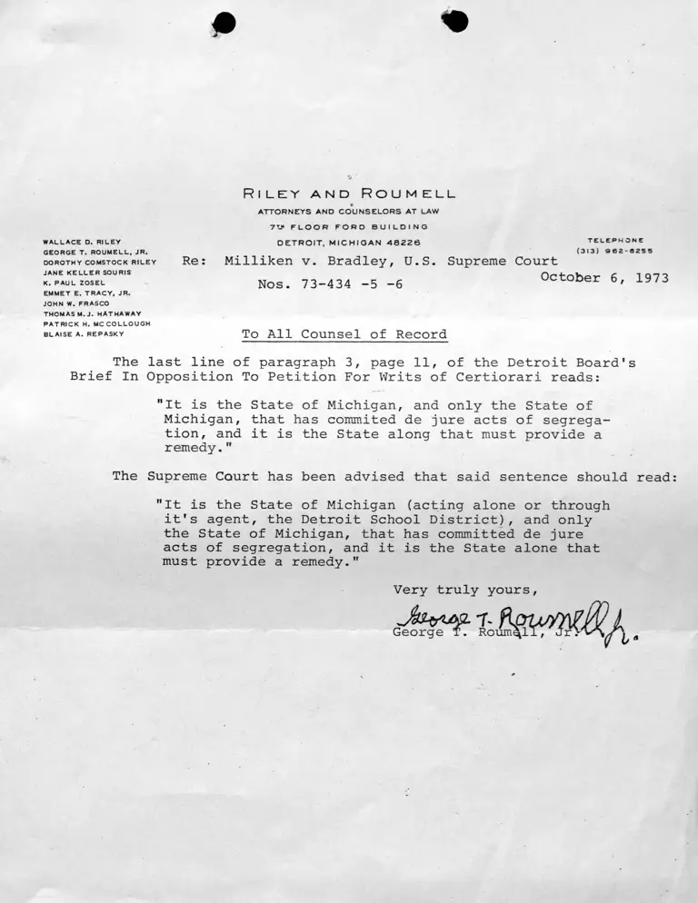 Letter from Roumell to All Counsel RE: Revision of Brief in Opposition to Writs of Certiorari preview