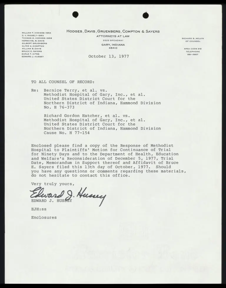 Correspondence from Hussey to Counsel Re: Response of Methodist Hospital preview