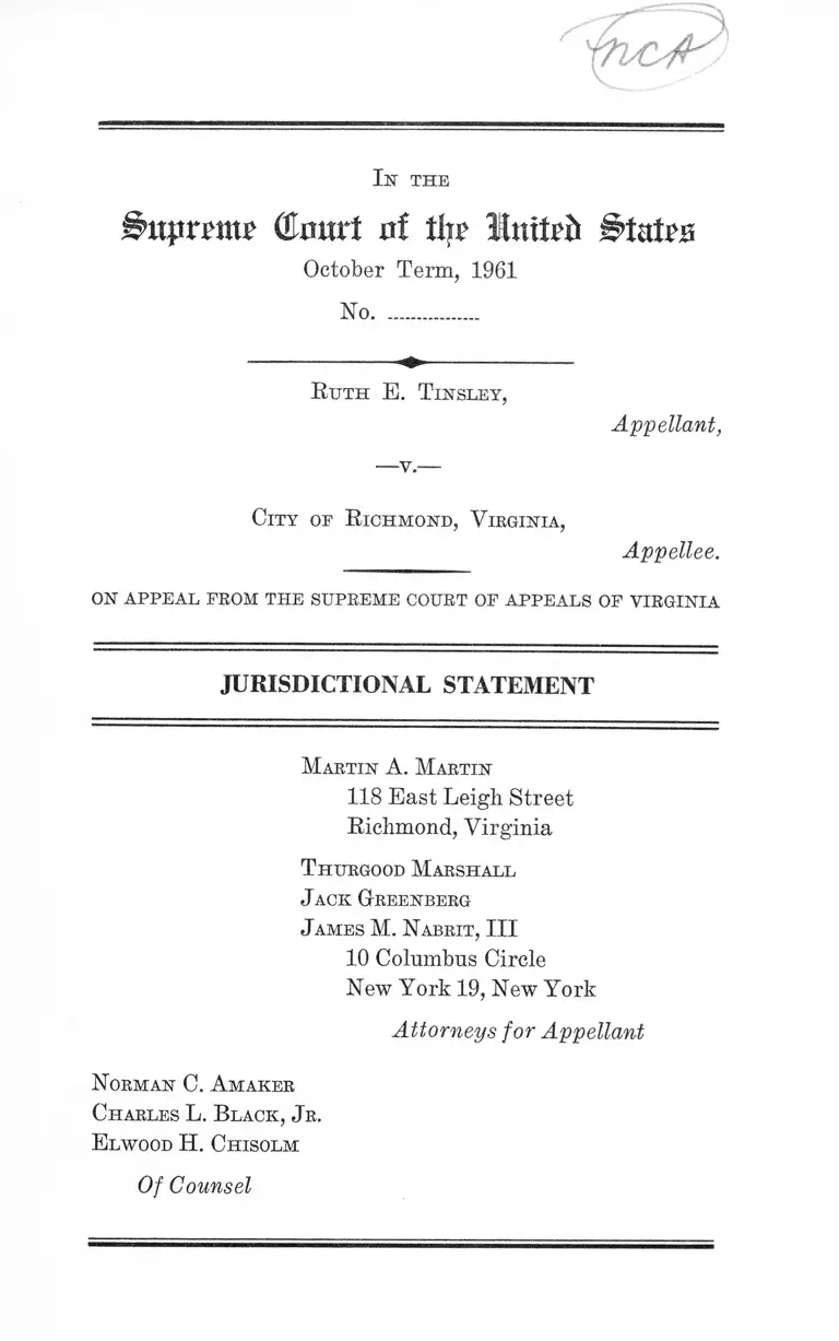 Tinsley v. City of Richmond, Virginia Jurisdictional Statement preview