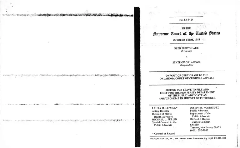 Ake v. Oklahoma Motion for Leave to File and Brief for the New Jersey Department of the Public Advocate as Amicus Curiae in Support of Petitioner preview