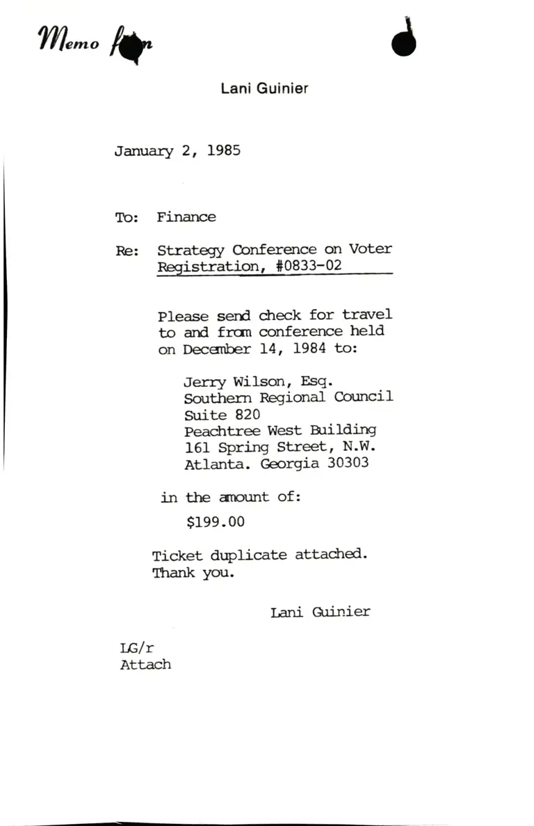 Memorandum from Lani Guinier to Finance Re Strategy Conference on Voter Registration 2 preview