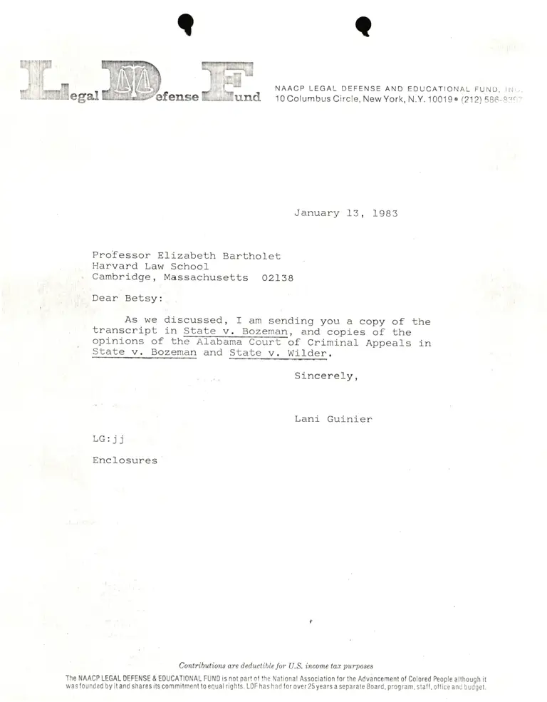 Correspondence from Lani Guinier to Prof. Elizabeth Bartholet Re: State v. Bozeman and State v. Wilder preview