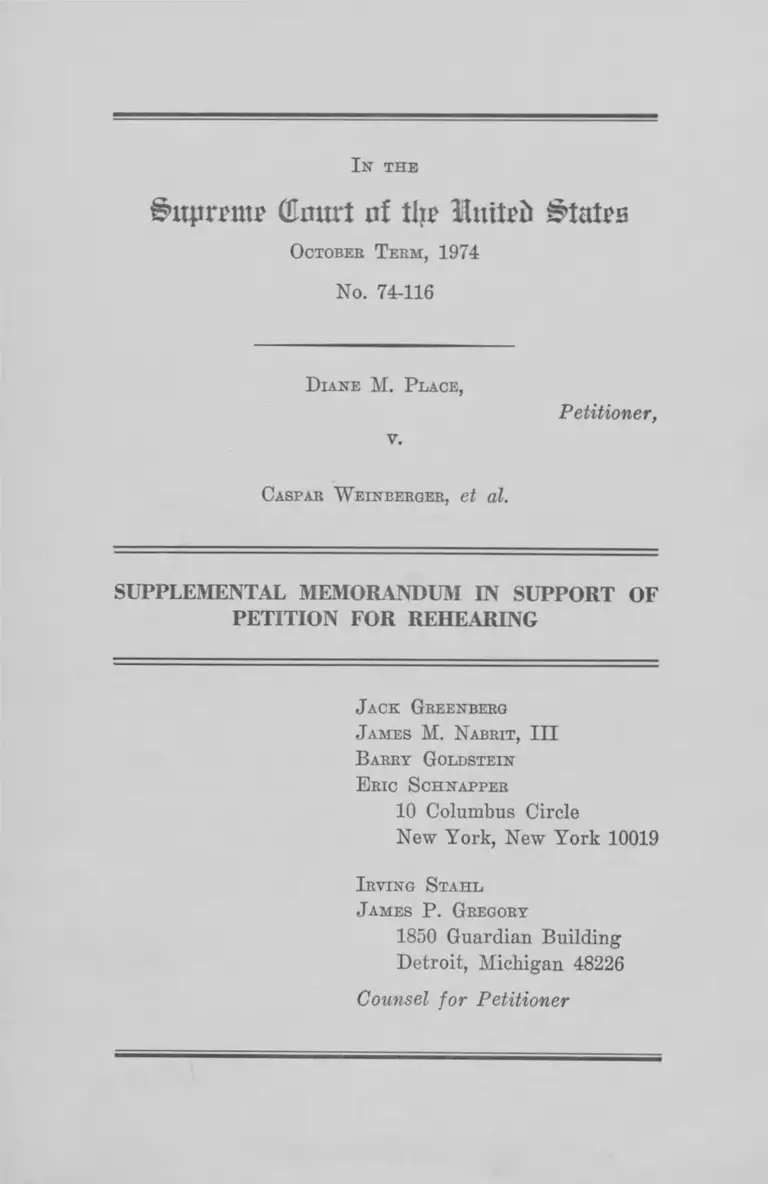 Place v. Weinberger Supplemental Memorandum in Support of Petition for Rehearing preview