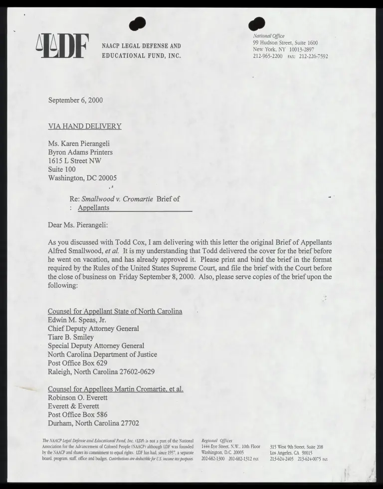 Correspondence from Berrien to Pierangeli Re: Smallwood v. Cromartie Brief of Appellants preview