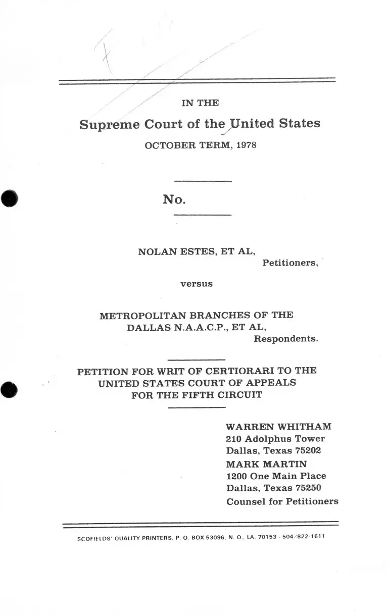 Estes v. Dallas NAACP Petition for Writ of Certiorari to the United States Court of Appeals for the Fifth Circuit preview