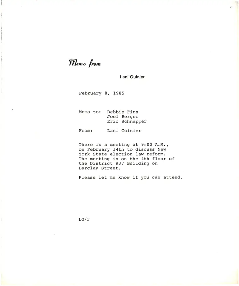 Memorandum from Lani Guinier to Debbie Fins, Joel Berger, and Eric Schnapper preview