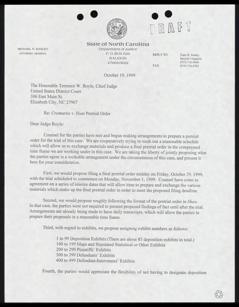 Draft Letter to Judge Boyle from Smiley RE: Pretrial Order preview