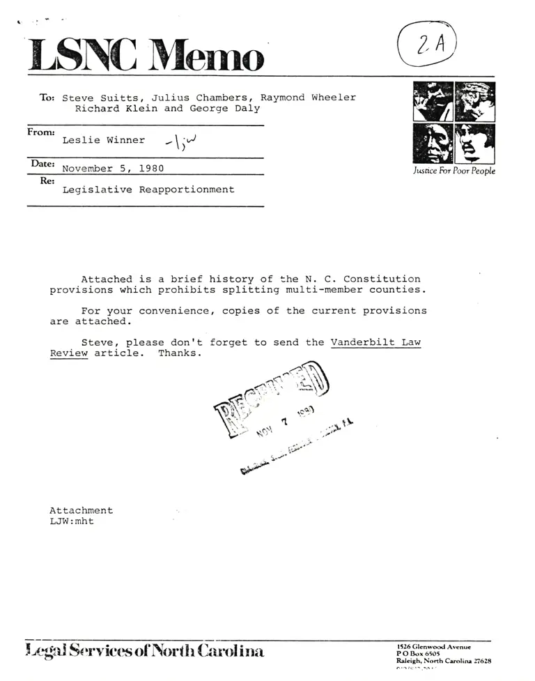 Memorandum from Winner to Suitts, Chambers, Wheeler, Klein, and Daly; History of Apportionment Provisions of N.C. Constitution; Legal Research on Constitution of North Carolina preview