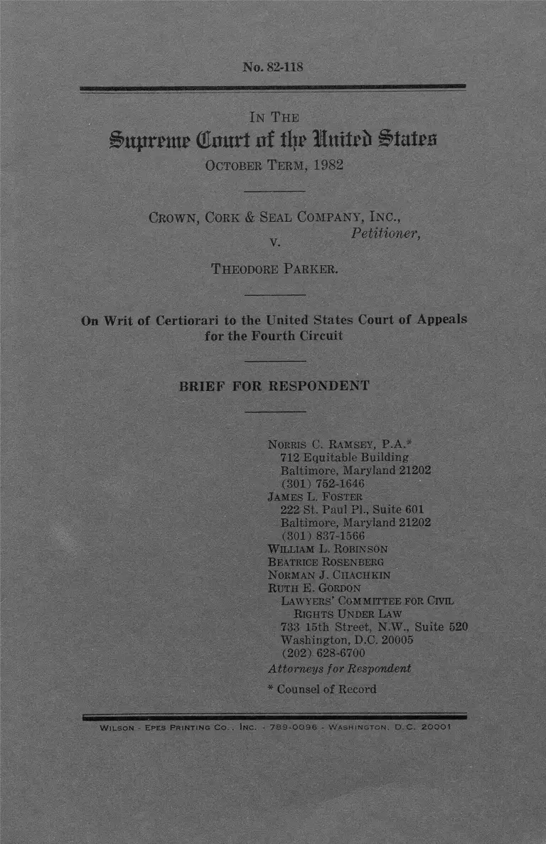 Crown, Cork and Seal Company v. Parker Brief for Respondent preview